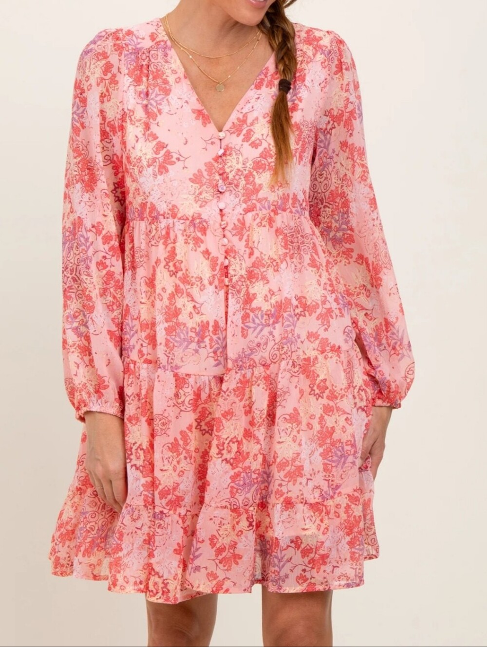 MITTOSHOP PINK FLORAL TIERED BABY DOLL DRESS